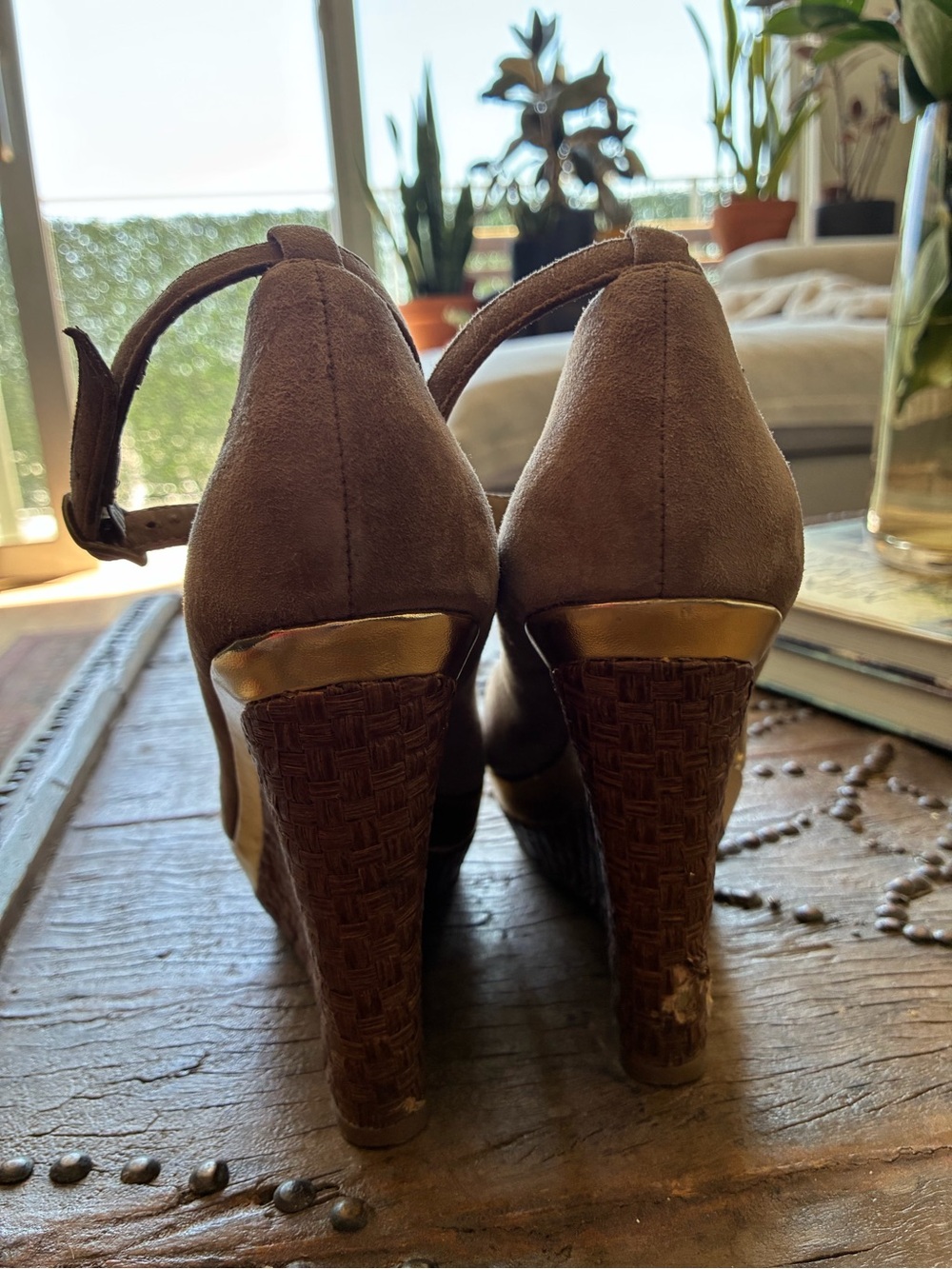Charles David Taupe Suede Wedge Pumps with Floral Applique - Picture 4 of 4